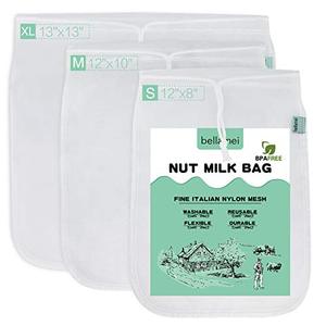 lot 10810 image: Bellamei Nut Milk Bag Reusable Food Strainer Nut Bags for Straining AlmondSoy Milk Greek Yogurt Professional for Cold Brew Coffee Tea Beer Celery Juice Fine Nylon Mesh(3 pack-8x1210x1213x13)