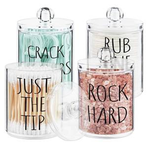 lot 10825 image: 4 Pack Qtip Holder Dispenser with Lids and Labels - 10 oz Acrylic Apothecary Jars Plastic Bathroom Vanity Canister Organizer for Cotton Balls, Pads, Swabs, Floss (Clear)