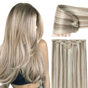 lot 10831 image: Clip in Hair Extensions Real Human Hair Ash Brown Highlights Platinum Blonde Natural Remy Brazilian Clip ins Human Hair Extensions 18 Inch Straight Clip on Hair for Women Double Weft 60G 5 PCS