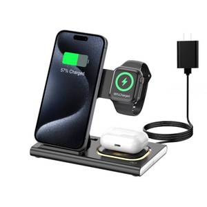 lot 10836 image: 3 in 1 Foldable Charging Station for Apple Products,Fast Wireless Charger Travel Dock Adapter&Light for iPhone 1514131211XXSXR 8,iWatch Ultra29Ultra876SE543,Pods 32Pro2 (Black)