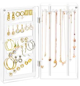 lot 10850 image: Jenseits Acrylic Necklace holder Earring Organizer, Dustproof Rotating Jewelry Holder Organizer Box, 24 Hooks Long Necklaces & 108 Holes Earring Storage Display Stand Case Rack, Gift For Women Girls