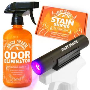 lot 10871 image: ANGRY ORANGE Pet Odor Eliminator for Strong - Citrus Deodorizer Dog or Cat Pee Smells on Carpet, Furniture & Indoor Outdoor Floors Puppy Supplies (24 Fl Oz  UV Flashlight)