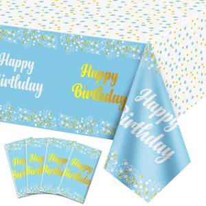 lot 10886 image: QUERICKY 4 Pack Happy Birthday Tablecloths, Blue and Gold Birthday Table Cover, 54x108 Plastic Disposable Rectangle Tablecovers for Kids Boys Girls Birthday Party Decorations Supplies