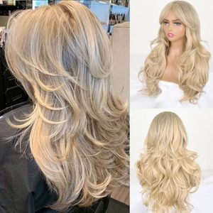 lot 10897 image: Jolelyne Ombre Blonde Wavy Wig Layered Wigs with Curtain Bangs for Women Long Golden Blonde Highlight Wig Light Blonde Body Wave Wig with Bangs 613 Blonde Ombre Highlight Wig