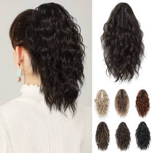 lot 10906 image: REECHO 14 Ponytail Extension, Short Claw Clip on Ponytail Extension Fake Pony Tails Soft Wavy Curly Clip in Hair Extensions Synthetic Hairpiece for Women Daily Party HP002 - Black Brown