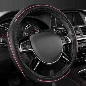 lot 10909 image: CAR Pass Colour Piping Leather Universal Fit Steering Wheel Cover, Perfectly fit for 14.5-15 inches Suvs, Vans, Trucks, Sedans, Cars (Black&Pink)