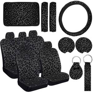 lot 10922 image: JINGSEN 15 Pieces Leopard Print Printing Car Steering Wheel Cover Center Console Armrest Pad Headrest Seat Belt Cover Handbrake Cover Keychain Coaster Full Set Car SUV Black Leopard Print
