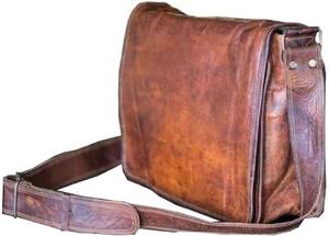 lot 10930 image: VC VINTAGE COUTURE 18 inch Leather Full Flap Messenger Handmade Bag Laptop Bag Satchel Bag Padded Messenger Bag Brown (Brown)