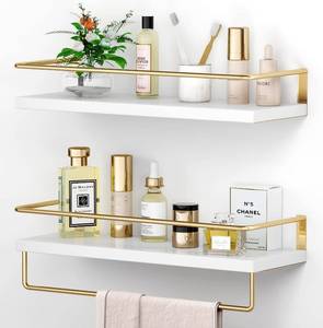 lot 10933 image: Onlysky White Floating Shelves with Golden Towel Rack - Set of 2 Wall Mounted Hanging Bathroom Shelves, Decorative Shelves for Stylish Storage in Bathroom, Kitchen, Living Room & Bedroom