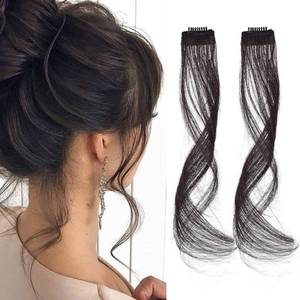 lot 10964 image: REECHO Long Side Air Bangs, Wavy Curly Clip in Curtain Bangs Front Side Bangs Face-Framing Highlights for Women Daily Use 2 PCS Set Long Temples-Black Brown