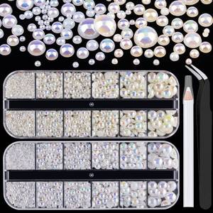 lot 10965 image: 2700 Pcs Flat Back Pearls Kits 1 Box of Flatback White AB1 Box of Beige AB Half Round Pearls with Pickup Pencil and Tweezer for Home DIY and Professional Nail Art, Face Makeup and Craft