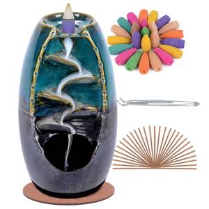 lot 10977 image: SPACEKEEPER Ceramic Backflow Incense Holder and Burner Waterfall, with 120 Backflow Incense Cones  30 Incense Stick, Aromatherapy Ornament Home Decor, Blue Set