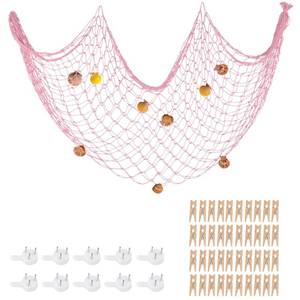 lot 10992 image: ZUEXT Fish Net Decoration 80x40 Inch, Light Pick Cotton Mermaid Net wShells,Clips & Anchors for Pirate, Hawaiian, Nautical & Beach Party, Sea Themed FishNet Decor Wall Hanging Fishing Net Picture