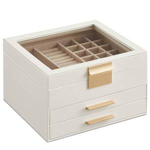 lot 11039 image: SONGMICS Jewelry Box with Glass Lid, 3-Layer Jewelry Organizer, 2 Drawers, for Big and Small Jewelry, Jewelry Storage, Modern Style, 8 x 9.1 x 5.3 Inches, Cloud White and Gold Color UJBC239WT