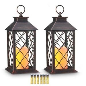 lot 11041 image: 14 Cooper Brushed Vintage Decorative Candle Lantern with 4 Hours Timer (Batteries Included) Hanging for Indoor&Outdoor Flameless Candles (Set of 2)