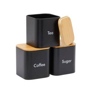 lot 11050 image: Juvale Coffee Tea Sugar Container Set - Black Stainless Steel Kitchen Canister Set with Bamboo Lids (3 Pieces, 48 oz)