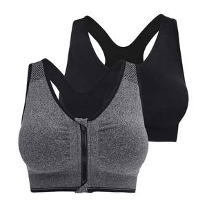 lot 11059 image: Fapreit Womens Zip Front Closure Sports Bra - Seamless Wirefree Post Surgery Padded Racerback Workout Gym Yoga Bras 2 Pack (Black, Grey)