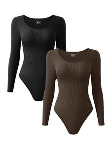 lot 11060 image: OQQ Womens 2 Piece Bodysuits Sexy Ribbed One Piece Long Sleeve Crew Neck Tops Bodysuits Black Darkbrown XL