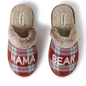 lot 11063 image: Dearfoams Womens Gifts for Mom Cute Cozy Mothers Day Mama Bear Slipper, RedBlue Plaid, 7-8