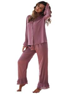lot 11071 image: Verdusa Womens Satin Notch Collar Blouse and Ruffle Hem Pants PJ Set Mauve Purple XXL