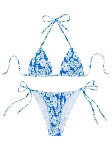 lot 11073 image: MakeMeChic Womens Halter Tie Side Triangle Bikini Set high Cut 2 Piece Bikini Swimsuit Bathing Suit A-Blue L