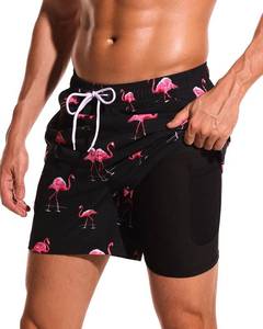 lot 11079 image: SILKWORLD Mens Swim Trunks with Compression Liner Quick Dry Swim Beach Shorts with Zipper Pockets, Flamingos(Black), XX-Large