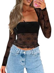 lot 11084 image: CSDAJIO Womens Going Out Tops Lace Long Sleeve Square Neck Crop Top Shirt Strapless Tube Top and Bolero Set Ruffle Semi Black Medium