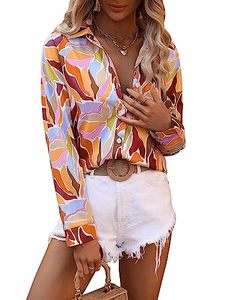 lot 11087 image: SweatyRocks Womens Chiffon Sexy Leopard V Neck Long Sleeve Blouse Shirt Tops Red Orange XL