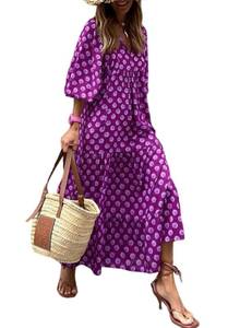 lot 11097 image: Dokotoo V Neck Summer Dresses for Women 2024 Puff Sleeve Dress Ruffle A-Line Long Dresses Casual Flowy Maxi Dress Boho Beach Dress for Women Evening Party Large Purple