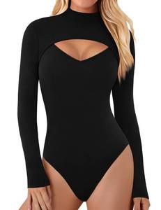 lot 11103 image: PHISOCKAT Long Sleeve Bodysuit for Women, Mock Turtle Neck Bodysuit for Women Cutout Front Sexy Body Suits Women L