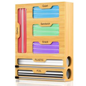 lot 11123 image: Lawmoliw Bag Storage Organizer for Kitchen Drawer, 6 in 1 Foil and Plastic Wrap Dispenser with Cutter, Bamboo Plastic Bag Food Baggie Organizer for Gallon, Quart, Sandwich, Snack