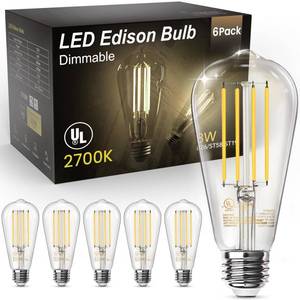 lot 11130 image: TJOY Edison Light Bulbs 60W Equivalent, Dimmable Vintage LED Light Bulbs, E26 Medium Base, Warm White 2700K, ST58, 8W, 800LM, 80 CRI, Antique Decorative Filament LED Bulb, Clear Glass, 6 Pack