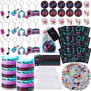 lot 11153 image: Geyoga 158 Pcs Music Party Favors Music Themed for 18 Stickers Silicone Bracelets Keychain Pin Badges Luminous Tattoo Sticker Organza Bag Musical Cards for Teens Holiday Birthday Social Dance Party