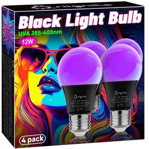 lot 11159 image: Black Light Bulbs, 12W LED Black Light Light Bulb for Halloween Decoration, UVA 385-400nm UV Black Light, A19 Blacklight Bulb for Glow in Dark, Body Paint Fluorescent Poster Glow Party, 4 Pack