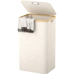 lot 11169 image: Homykic Laundry Hamper with Lid, 100L Tall Laundry Basket Collapsible with Bamboo Handles, Large Waterproof Laundry Bin Storage for Dorm, Bathroom, Bedroom, Clothing, Clothes, Toys, Cream White