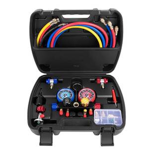 lot 11171 image: AURELIO TECH UPGRATED Version 4 Way AC Manifold Gauge Set Fits R134A R410A R404A R22 Refrigerants with 5FT Hose, 3 Acme Tank Adapters, Adjustable Couplers and Can Tap