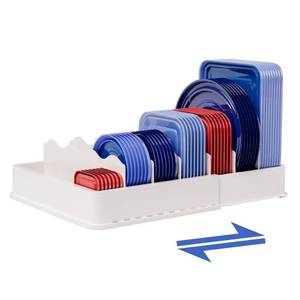 lot 11192 image: SWOMMOLY Expandable Food Storage Container Lid Organizer, Includes 6 Adjustable Dividers, 30 Preprinted and Blank Writable Labels, White