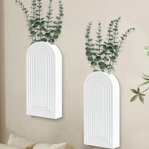 lot 11204 image: Uipame Wall Planter for Indoor Plants, Wood Wall Decor Hanging Planter, Wall Vases for Decor Dried Flowers and Faux Greenery, Set of 2 Farmhouse Wall Decor for Living Room, Bedroom, White