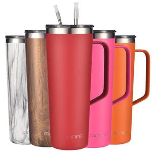 lot 11210 image: mininoo 24 oz Insulated Tumbler with Handle, Double Wall Vacuum Insulated Coffee Cup with Lid and Straw, Leakproof (Red)