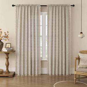 lot 11230 image: MitoVilla Tan Brown Boho Linen Bedroom Curtains 84 Inch Length 2 Panels Set, Farmhouse Cotton Curtains for Living Room, Bohemian French Country Window Curtain Panels Tassel Draperies, 52��W x 84��L