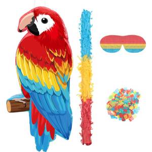 lot 11239 image: Small Parrot Pinata Hawaiian Party Supplies Parrot Pinata Bird Toy with Blindfold Stick and Confetti for Kids Luau Hawaii Summer Rainforest Tropical Pirate Theme Birthday Decorations