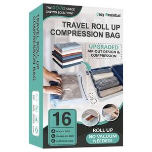 lot 11276 image: 16 Roll Up Travel Compression Bags, Hand Roll Space Saver bags No Vacuum Needed (6 Large Roll6 Medium Roll4 Small Roll)