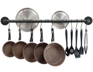 lot 11280 image: OROPY 38 inch Pot Bar Rack Wall Mounted Detachable Pans Hanging Rail Kitchen Lids Utensils Hanger with 14 S Hooks Black