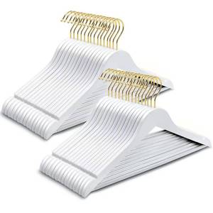 lot 11287 image: Amber Home Solid Wood Suit Coat Hangers 30 Pack, Smooth White Finish Wooden Dress Hangers with Non Slip Pant Bar, Clothes Hangers with Gold Hook & Notches for Jacket, Pant, Shirt (WhiteGold, 30)