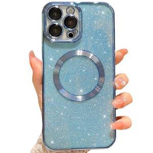 lot 11334 image: MGQILING Compatible with iPhone 12 Pro Max Magnetic Glitter Case, Luxury Plating Cute Bling Clear Phone Case, Compatible with MagSafe for Women Girls with Camera Protector Back Cover - Light Blue