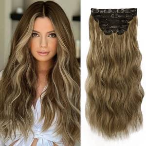 lot 11344 image: WECAN Clip in Hair Extension 20 Inch 6PCS Light Brown Mix Golden Blonde Long Wavy Curly Hairpieces for Women Natural Thick Synthetic Fiber Double Weft Hair Full Head