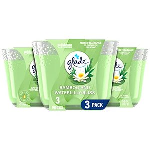 lot 11346 image: Glade Candle Bamboo & Waterlily Bliss, Fragrance Candle Infused with Essential Oils, Air Freshener Candle, 3-Wick Candle, 6.8 Oz, 3 Count