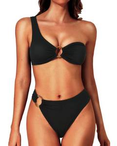 lot 11356 image: Yonique Women One Shoulder Bikini Ribbed Swimsuit O Ring Bikini Two Piece Bathing Suit High Cut Cheeky Swimwear Black L