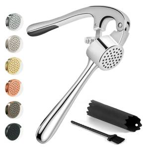lot 11376 image: Kitessensu High Effective Premium Garlic Press Set, With Silicone Garlic Peeler & Brush, Heavy Duty Garlic Mincer, Easy to Squeeze and Clean, Rust Proof & Dishwasher Safe - Gloss Silver