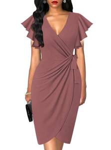 lot 11381 image: oten Womens Sexy V Neck Work Bodycon Dress Ruffle Sleeves Tie Belt Knee Length Party Dresses with Tulip Hem Brown X-Large